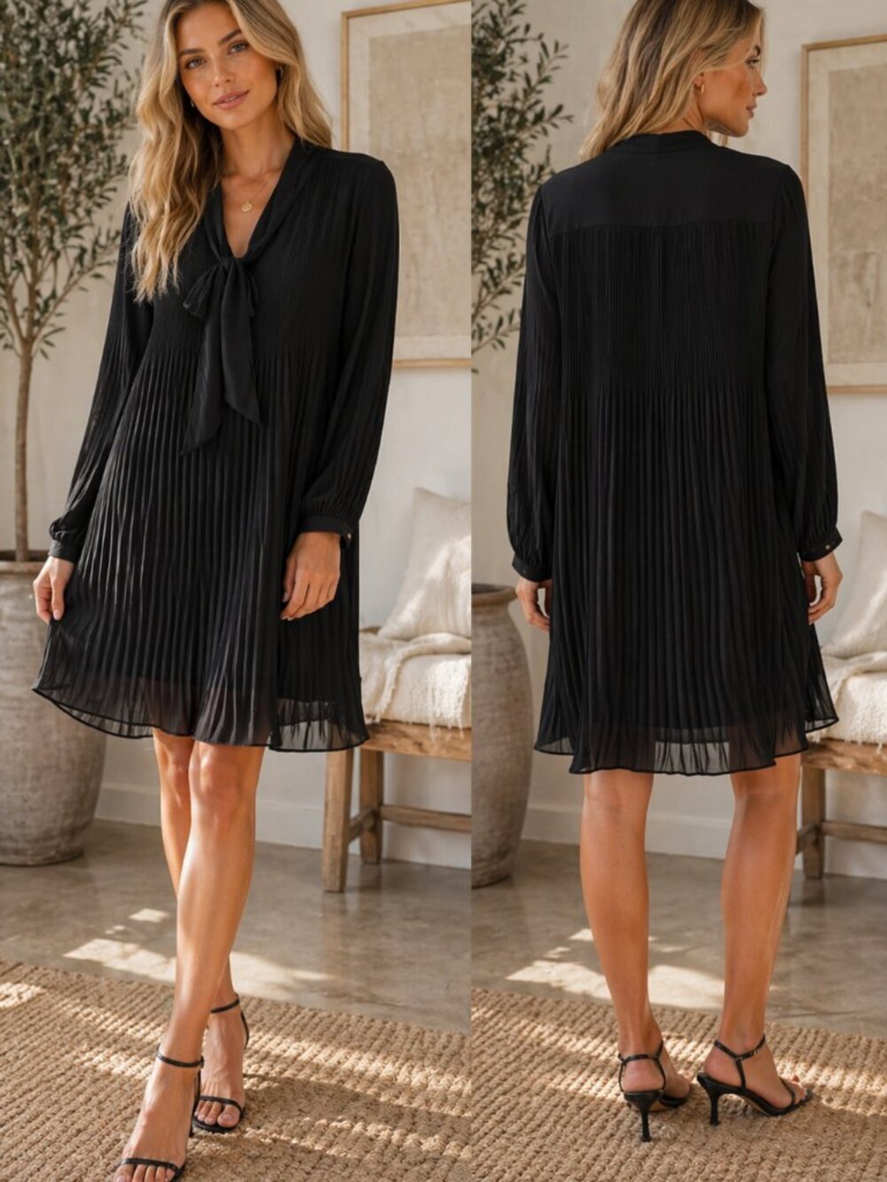 LOFT Black Pleated Tie-Neck Long-Sleeve Mini Dress